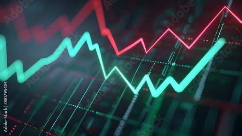 Dynamic financial market graph showing rising and falling trends on a digital screen, representing stock trading and investment analytics. Abstract blur background.