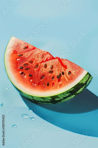 Close-up of a juicy watermelon slice with water droplets on blue background photo