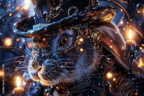 Steampunk rabbit adorned with gears, top hat, and surrounded by festive lights, blending mechanical charm with whimsical elegance. photo