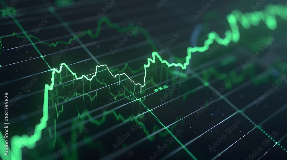 Dynamic stock market chart with green trend lines on a dark background, illustrating financial data and market analysis. Abstract blur background. Dynamic stock market chart with green trend lines on a dark background, illustrating financial data and market analysis. Abstract blur background.