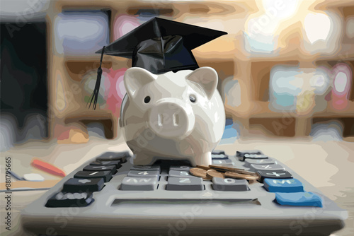 White Piggy Bank with Graduation Hat on Calculator, Student Loan Payment and Education Savings Concept