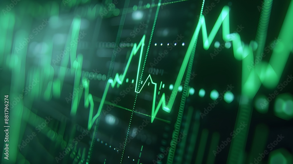 Green digital stock market graph showcasing financial data analysis and investment trends on a brightly lit screen. Abstract blur background. Green digital stock market graph showcasing financial data analysis and investment trends on a brightly lit screen. Abstract blur background.