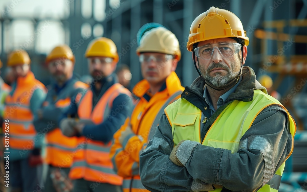 Construction Worker With Arms Crossed Standing in Front of Other Workers Construction Worker With Arms Crossed Standing in Front of Other Workers