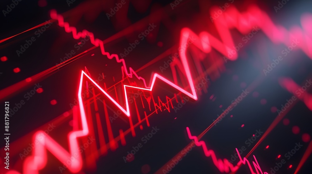 Red declining financial graph on a dark background illustrating a market crash, economic downturn, or stock market decline. Abstract blur background. Red declining financial graph on a dark background illustrating a market crash, economic downturn, or stock market decline. Abstract blur background.