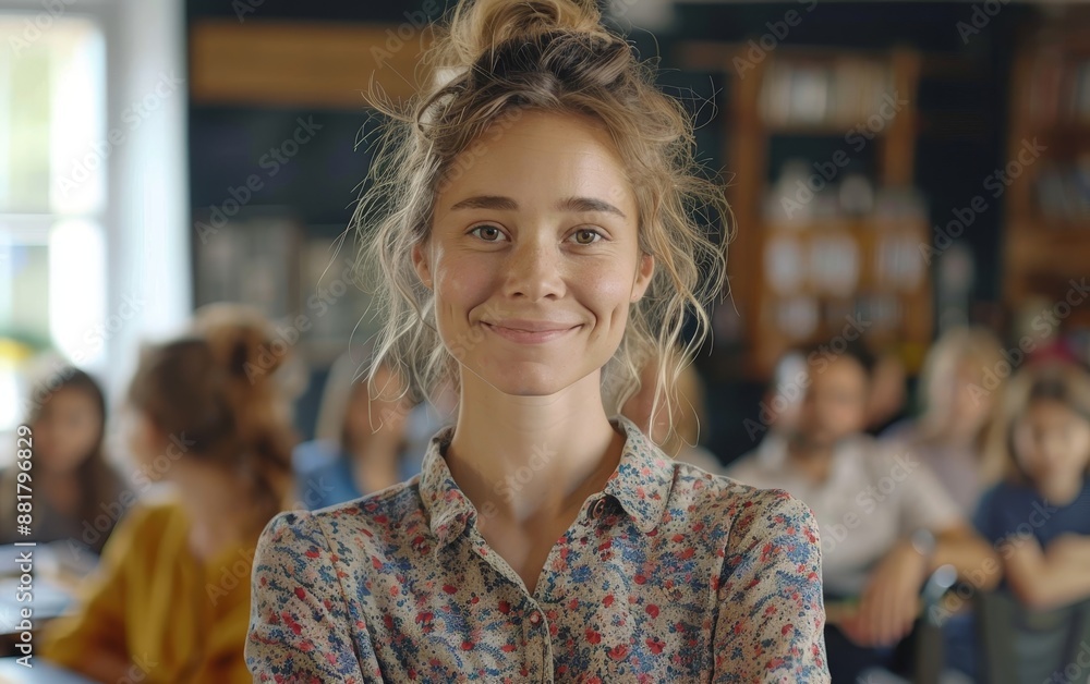 Smiling Woman in Floral Shirt Addresses Audience at Indoor Event Smiling Woman in Floral Shirt Addresses Audience at Indoor Event