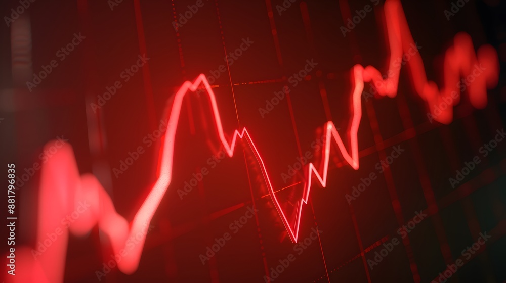 Red declining stock market graph on a black background, representing financial loss, economic downturn, and market volatility Abstract blur background. Red declining stock market graph on a black background, representing financial loss, economic downturn, and market volatility Abstract blur background.
