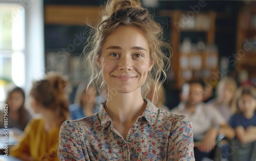 Smiling Woman in Floral Shirt Addresses Audience at Indoor Event