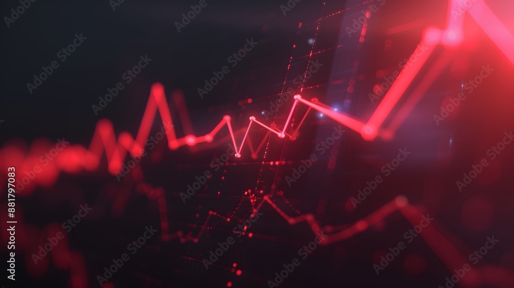 Red financial graph on a dark background representing stock market data. Business analysis concept with fluctuating line chart. Abstract blur background.