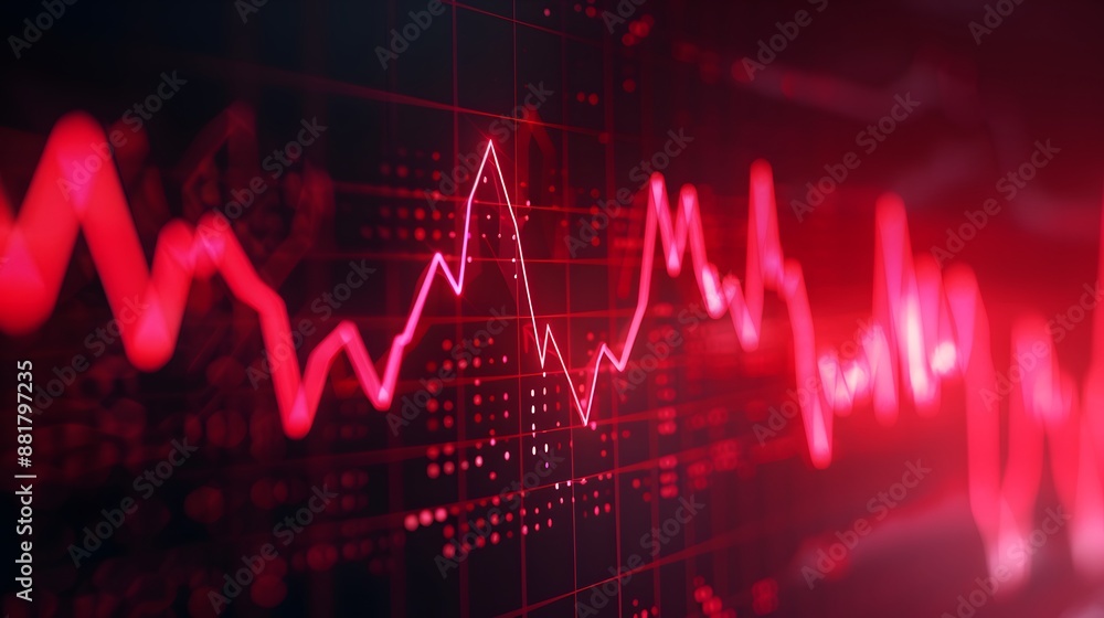 Red financial graph with fluctuating line indicating market trends and economic volatility on a dark background. Abstract blur background. Red financial graph with fluctuating line indicating market trends and economic volatility on a dark background. Abstract blur background.