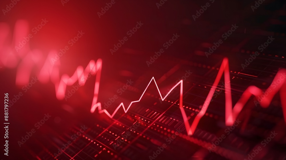 Red financial graph trending downward on a screen, representing stock market decline, business loss, or economic recession. Abstract blur background. Red financial graph trending downward on a screen, representing stock market decline, business loss, or economic recession. Abstract blur background.