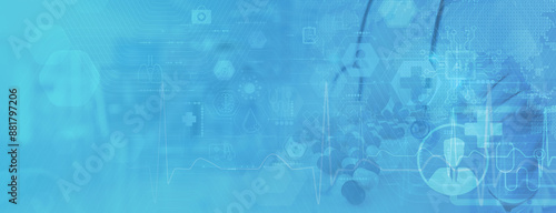 a medical background filled with healthcare icons, data visualizations, and a digital overlay.