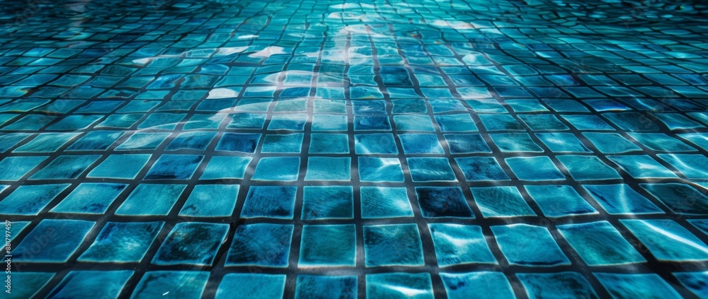 Obraz premium A blue mosaic ceramic tiles swimming pool capturing the tranquil ripples of water, with ample copy space available.
