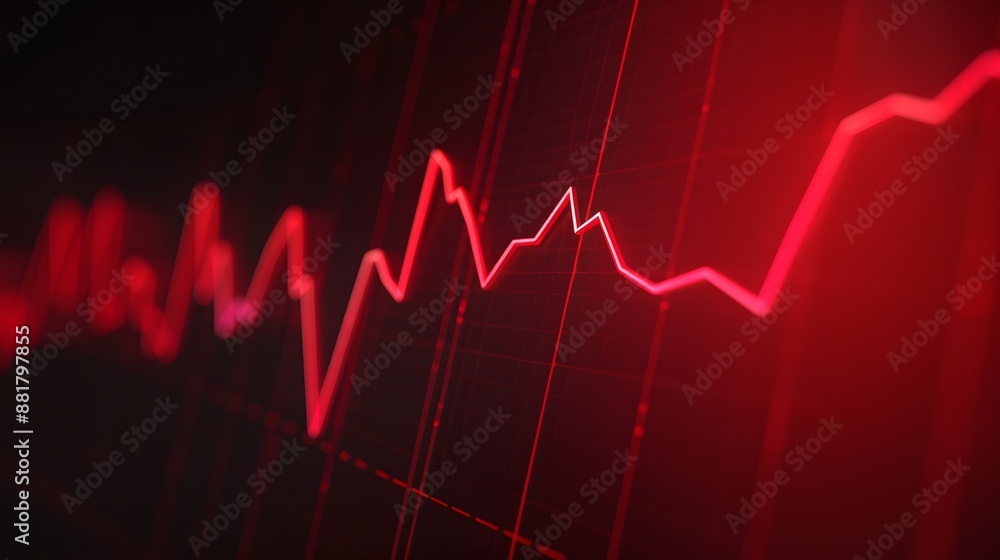 Red stock market graph showing a downward trend, illustrating financial decline or market crash on a dark background. Abstract blur background. Red stock market graph showing a downward trend, illustrating financial decline or market crash on a dark background. Abstract blur background.