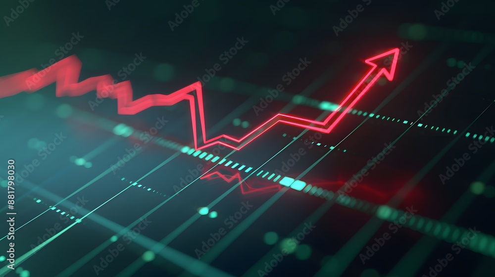 Red upward stock market graph on a digital screen indicating growth and positive trends in financial data or stock trading analysis. Abstract blur background. Red upward stock market graph on a digital screen indicating growth and positive trends in financial data or stock trading analysis. Abstract blur background.