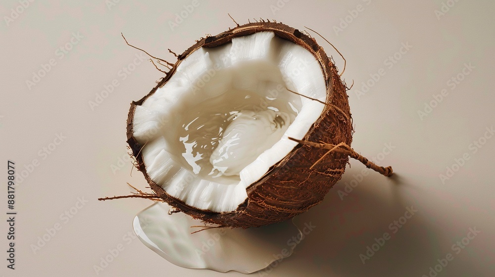 Coconut split open with creamy liquid flowing out Coconut split open with creamy liquid flowing out