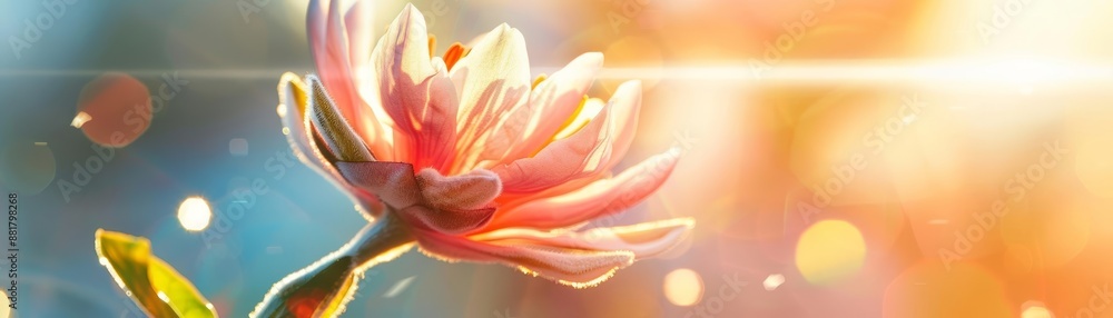 A single pink flower blooms in soft, warm light with bokeh background. A single pink flower blooms in soft, warm light with bokeh background.