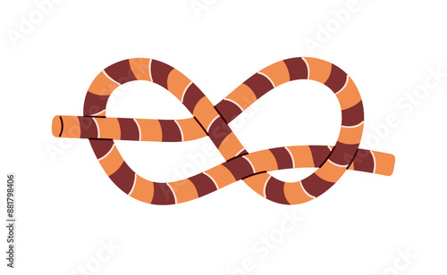 Figure eight knot of striped rope. Tutorial of marine bond, climbing tie closeup. Technique of cord bundle, cable node, string loop, noose. Flat isolated vector illustration on white background
