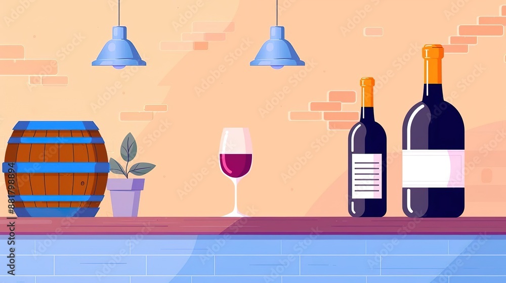 Wine bottles, a glass of red wine, a wooden barrel and a potted plant on a bar counter.