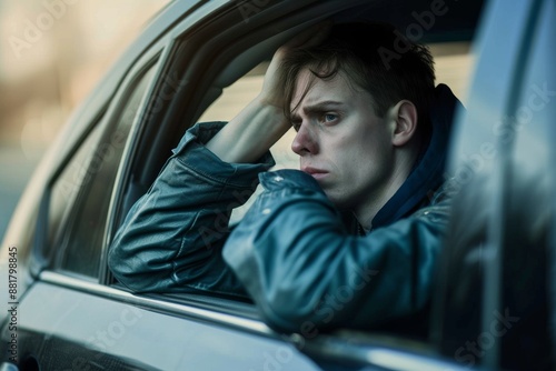 young worried man having problems in a car.