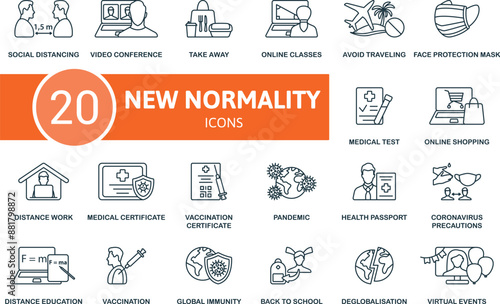New Normality thin line icon set. Social Distancing, Video Conference, Take Away, Online Classes, Avoid Traveling, Face Protection Mask, Medical Test, Online Shopping, Distance Work, Medical