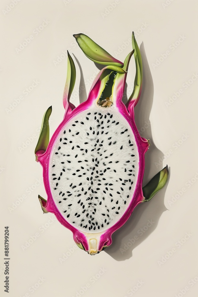 Cross-section of a dragon fruit with vibrant pink outer skin and black seeds. Cross-section of a dragon fruit with vibrant pink outer skin and black seeds.