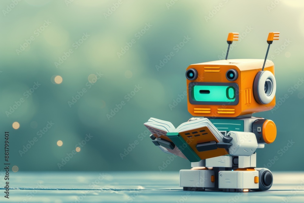 Fototapeta premium Cute robot sitting and reading a book about artificial intelligence