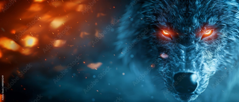 Fototapeta premium A dramatic portrayal of a fierce wolf with glowing eyes in a fiery and smoky background, showcasing the raw power and mystique of wildlife.
