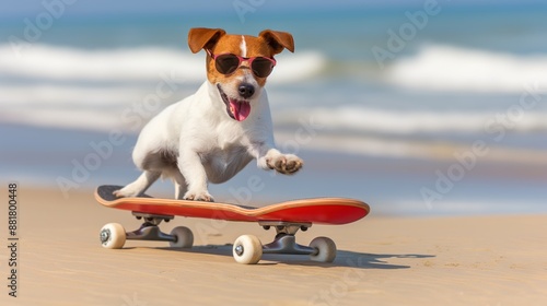 A dog is riding a skateboard on the beach. The dog is wearing sunglasses and he is enjoying the ride