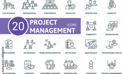 Project Management thin line icon set. Focus Group, Organization, Conference, Specialist, Interaction, Usability, Community, Presentation, Hr Planning, Hr Strategy icons and more