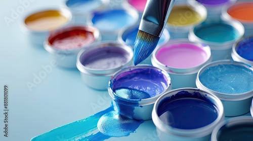 Close-up of a paintbrush dripping blue paint into an open paint can. photo