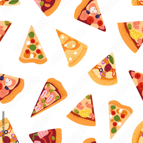 Repeatable pattern of triangle slices of pepperoni. Endless background with cut pieces of pizza with different filling, sauce. Traditional Italian food, cuisine. Flat seamless vector illustration