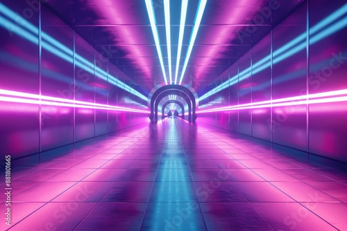 Futuristic tunnel glowing with vibrant purple and blue neon lights reflecting on the ground