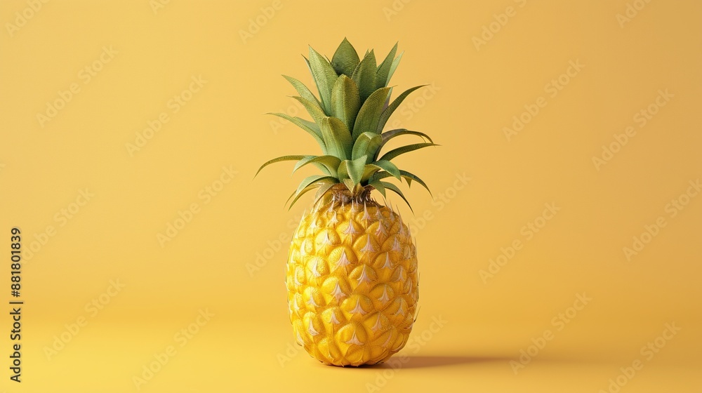 3D rendering of a single pineapple with green leaves on a yellow background 3D rendering of a single pineapple with green leaves on a yellow background
