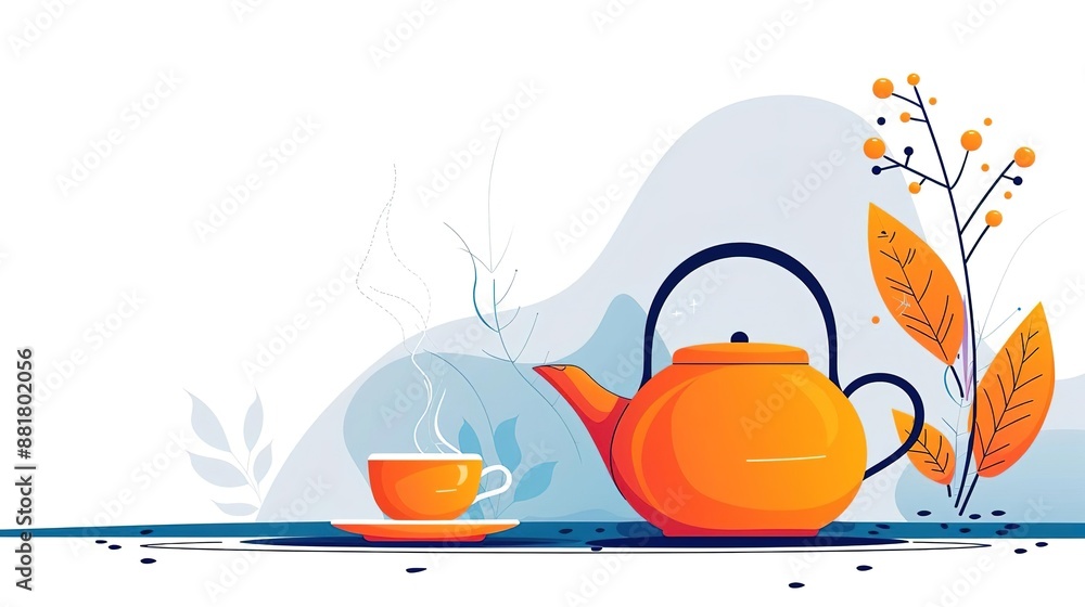 Orange teapot and cup of tea with steaming hot beverage and autumn leaves on white background Orange teapot and cup of tea with steaming hot beverage and autumn leaves on white background