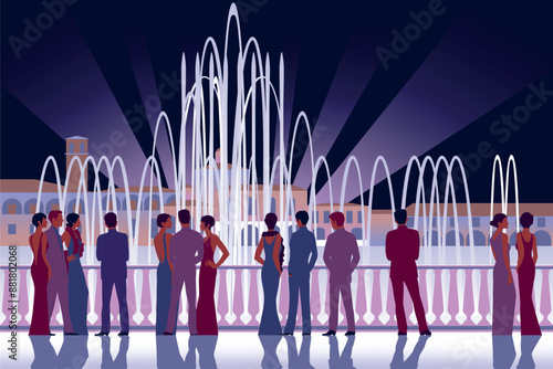 Young people on the terrace in the evening near the fountain at a festive show. Hand drawn vector illustration.