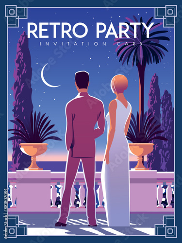 A young couple on a terrace in an evening Mediterranean park against the backdrop of palm trees and the sea. Retro party invitation card. Handmade drawing vector illustration. Art Deco style.