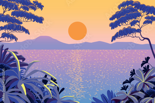 Tropical exotic romantic landscape with traditional jungle and plants in the front and island and sea in the background. Handmade drawing vector illustration.