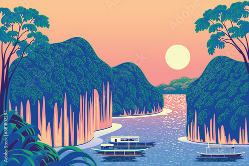 Tropical exotic romantic landscape with traditional jungle and boats in the front and islands and sea in the background. Handmade drawing vector illustration. Traditional chinese guohua painting.