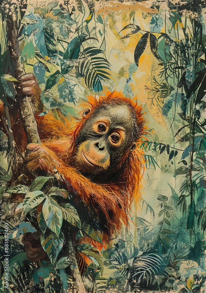 Obraz premium In the lush rainforests of Borneo and Sumatra, the orangutan swings effortlessly through the dense canopy, a symbol of the rich biodiversity of Southeast Asia.