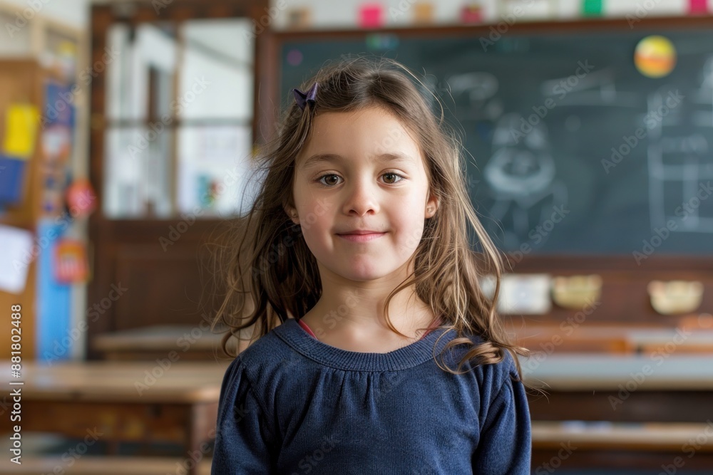 grade schoolkid girl standing in school classroom grade schoolkid girl standing in school classroom