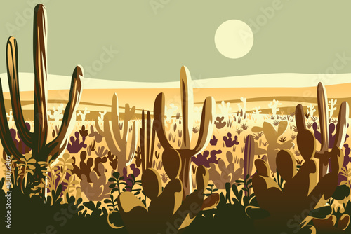 Desert landscape with cactuses in the first plan and the mountains in the background. Handmade drawing vector illustration. Retro 1960s style.