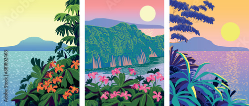 Set of posters with tropical romantic landscapes with jungles and flowers in the first plan, sea, mountains and islands in the background. Handmade drawing vector illustration. 
