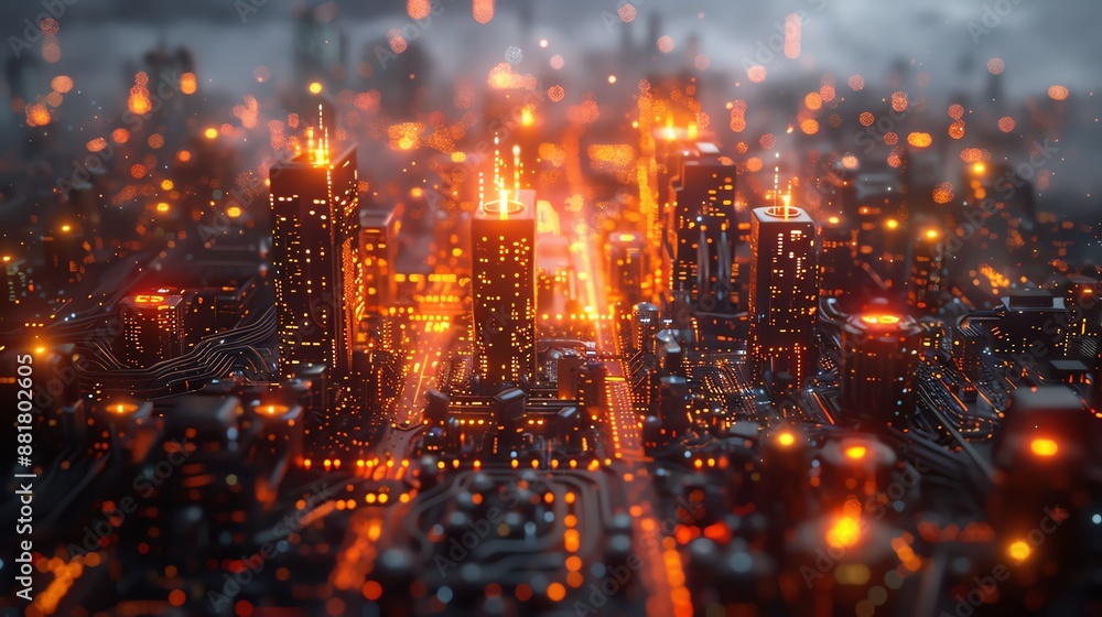 Obraz premium A dramatic futuristic cityscape at night, illuminated by vibrant orange and yellow lights, evoking a sense of mystery and wonder.