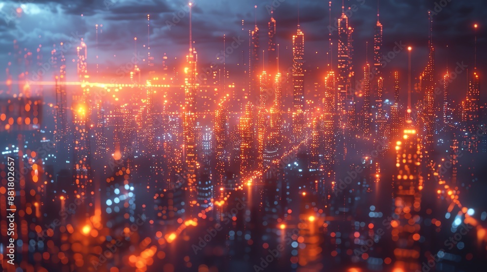Obraz premium A futuristic cityscape with glowing neon lights and foggy atmosphere, showcasing advanced technology and urban development.