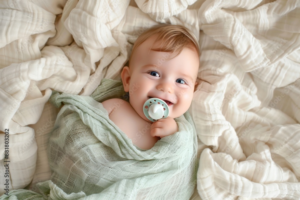 Happy Baby Boy With Pacifier Smiling On White Blanket Happy Baby Boy With Pacifier Smiling On White Blanket