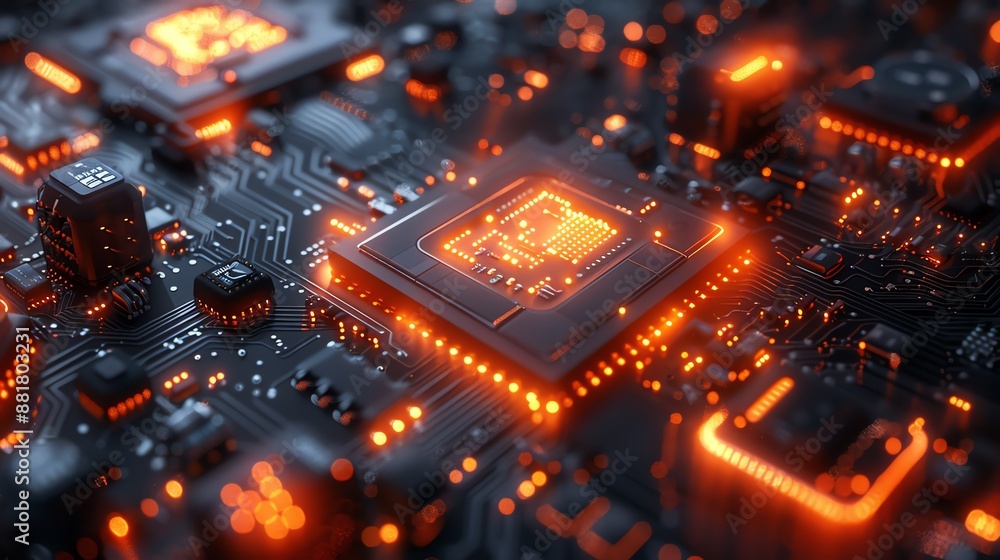 Close-up of a glowing computer microchip on a circuit board, showcasing modern technology and electronic complexity. Close-up of a glowing computer microchip on a circuit board, showcasing modern technology and electronic complexity.