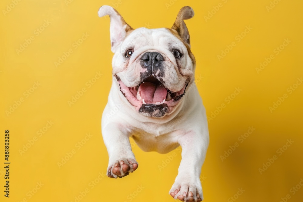 Happy Bulldog dog jumping on yellow background Happy Bulldog dog jumping on yellow background
