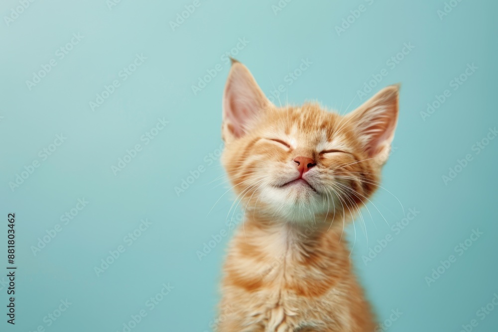 Happy cat kitten smiling on isolated light solid color background Happy cat kitten smiling on isolated light solid color background
