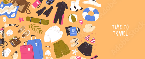 Advertising banner of travel, tourism. Horizontal poster with border, frame of stuff for beach holiday. Sea vacations, journey items: clothes, swimsuit, suitcase, luggage. Flat vector illustration