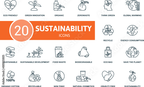 Sustainability thin line icon set. Eco Friendly, Green Innovation, Organic, Zerowaste, Think Green, Global Warming, Recycle, Energy Consumption, Sustainable, Sustainable Development icons and more